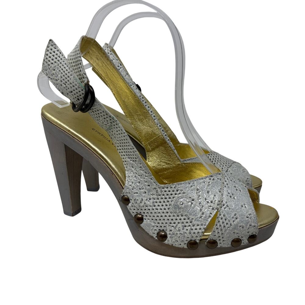 Cynthia Vincent Peeptoe Pump Heels Womens Sz 8.5 Silver Snakeskin Suede Gray